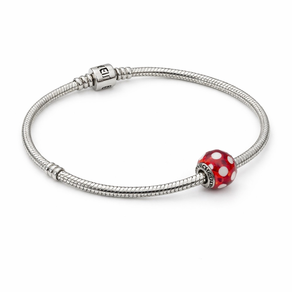 Authentic Pandora Sterling Silver Bracelet with Red Polka Dot Murano Charm